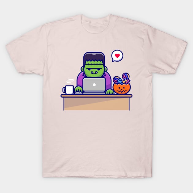 Cute Frankenstein Working On Laptop With Candy And  Coffee Cartoon T-Shirt by Catalyst Labs